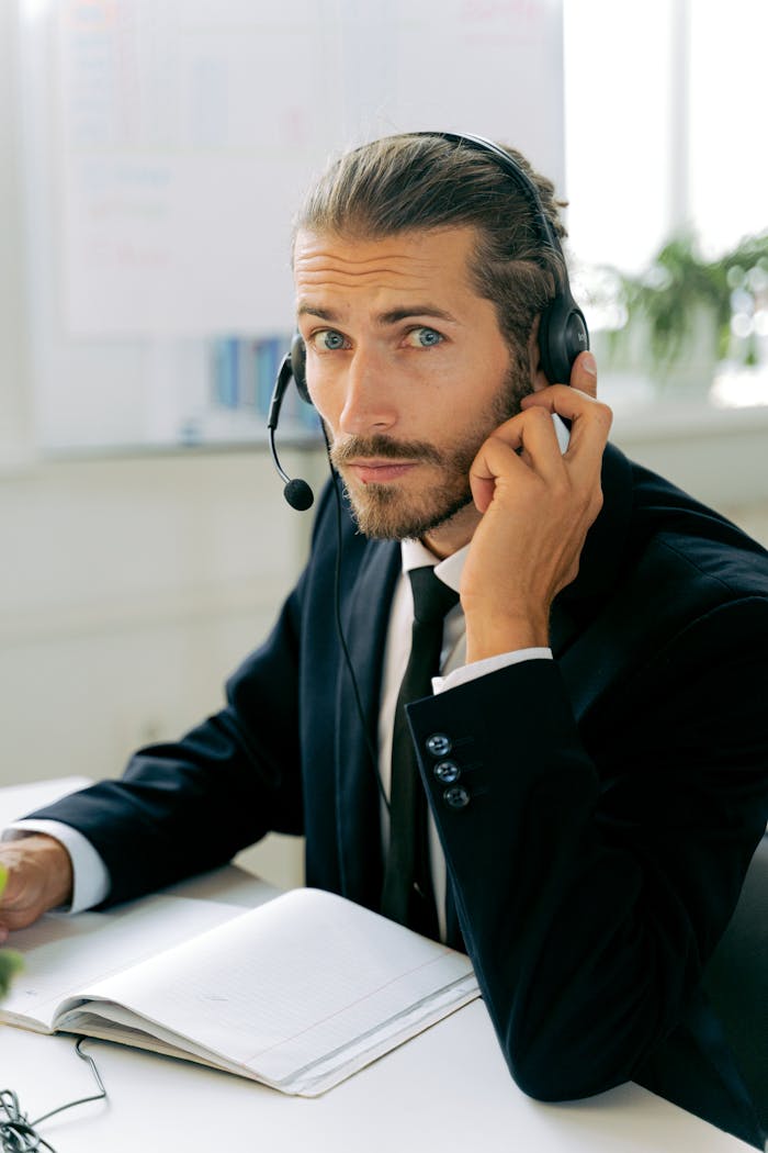 heros-img Focused call center agent in business suit working with headset at modern workplace.